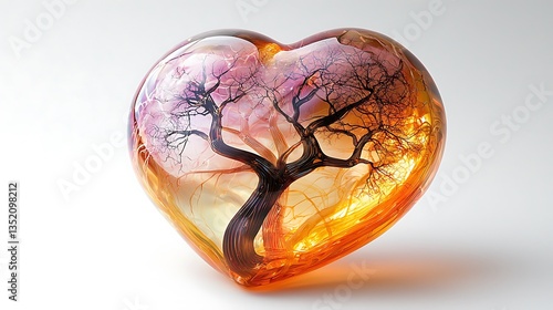 Heart-shaped glass sculpture with an embedded tree.