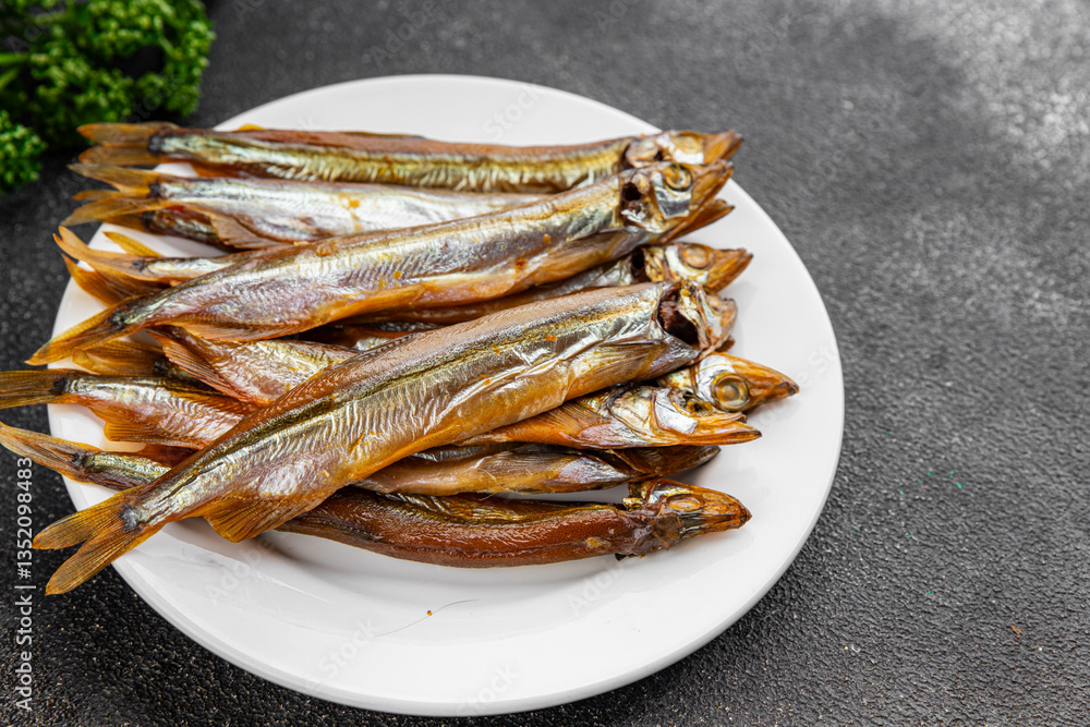 smoked capelin fish sprat vegetables dish fresh delicious gourmet food background on table rustic food top view copy space pescetarian diet smoked capelin fish sprat vegetables dish fresh delicious gourmet food background on table rustic food top view copy space pescetarian diet