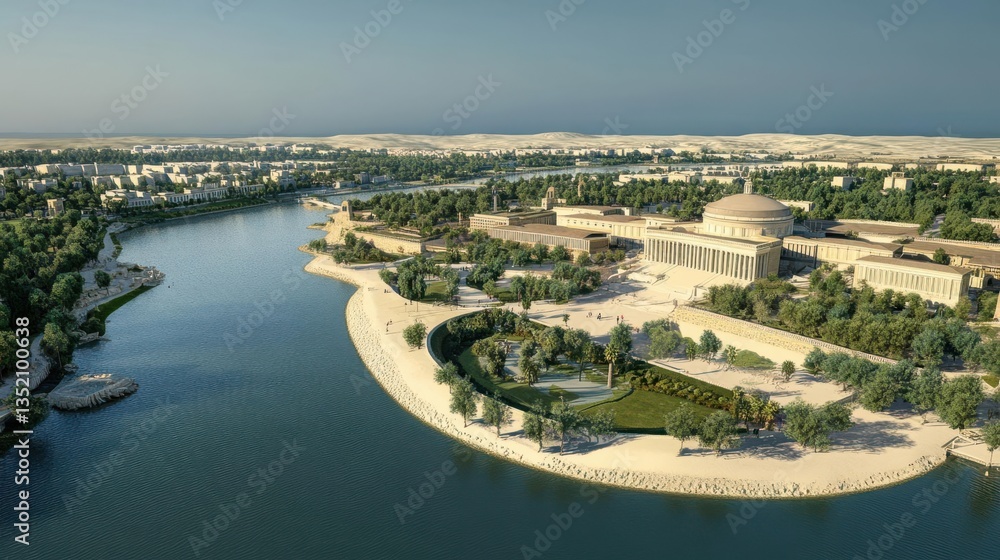 Fototapeta premium Aerial view of a modern cultural center by a river, surrounded by lush greenery and urban landscape