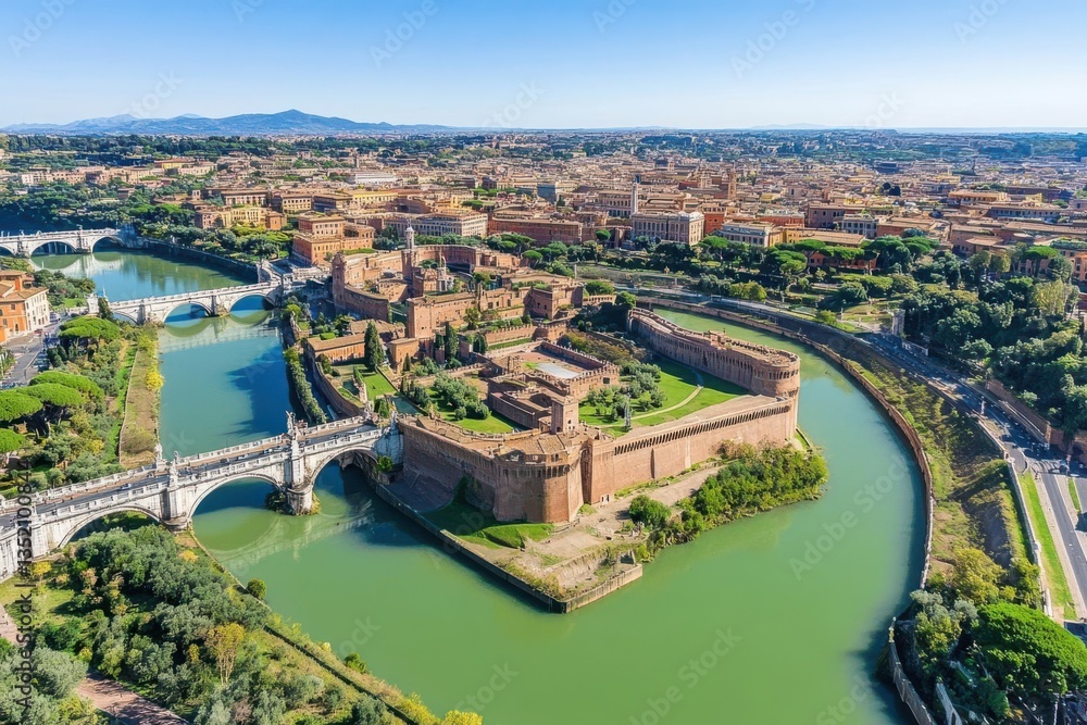 Obraz premium Aerial view of ancient fortress surrounded by river and cityscape under clear blue sky