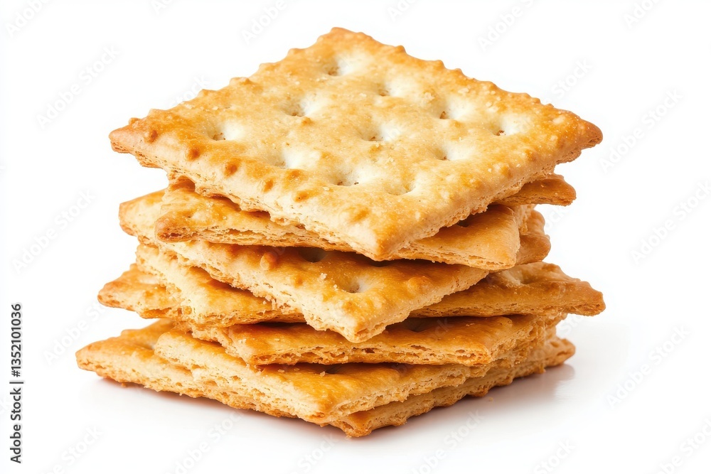 A stack of golden brown square crackers with small holes on a white background A stack of golden brown square crackers with small holes on a white background
