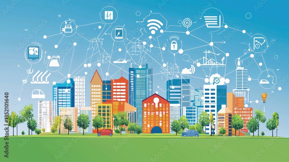Fototapeta premium Smart city cityscape with interconnected buildings, technology icons, and green spaces.