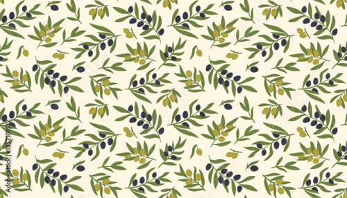 Wallpaper Mural Branches with olives seamless pattern. Olive ripe black and green fruits background. Branding concept for olive oil company, organic, eco-friendly products and culinary services Torontodigital.ca