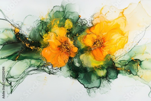 Floral Watercolor: Two bright yellow flowers with flowing green and gold accents