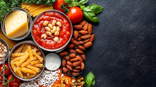 Wallpaper Mural Top down view of a variety of canned and preserved food items including pasta sauces cheeses nuts and legumes all arranged in metallic containers on a dark background Torontodigital.ca