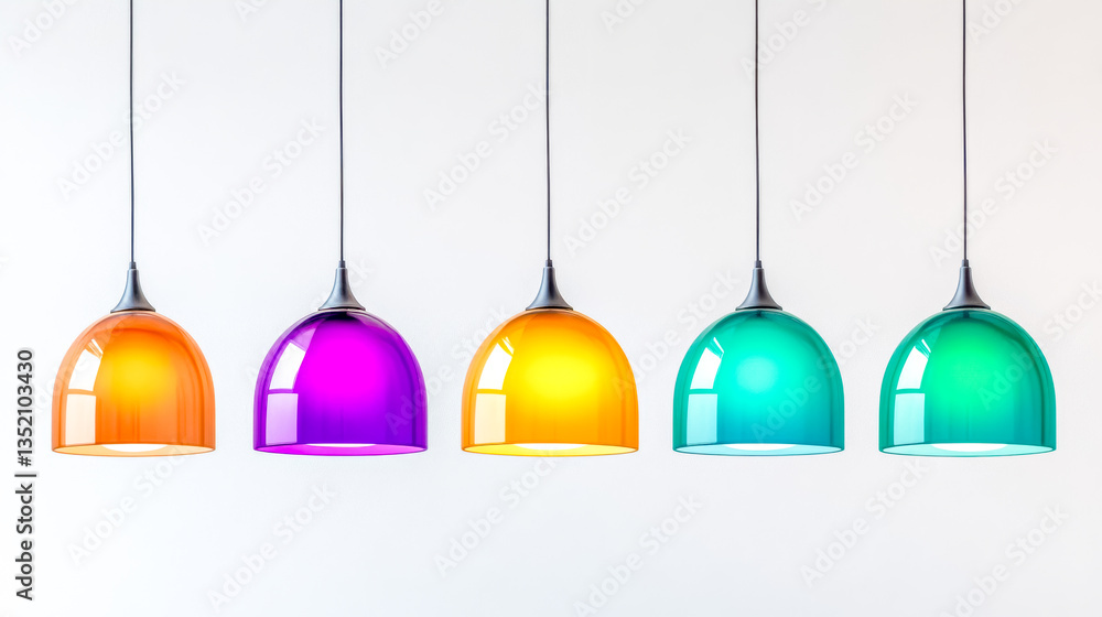 Five colorful pendant lamps hanging from ceiling against white background Five colorful pendant lamps hanging from ceiling against white background