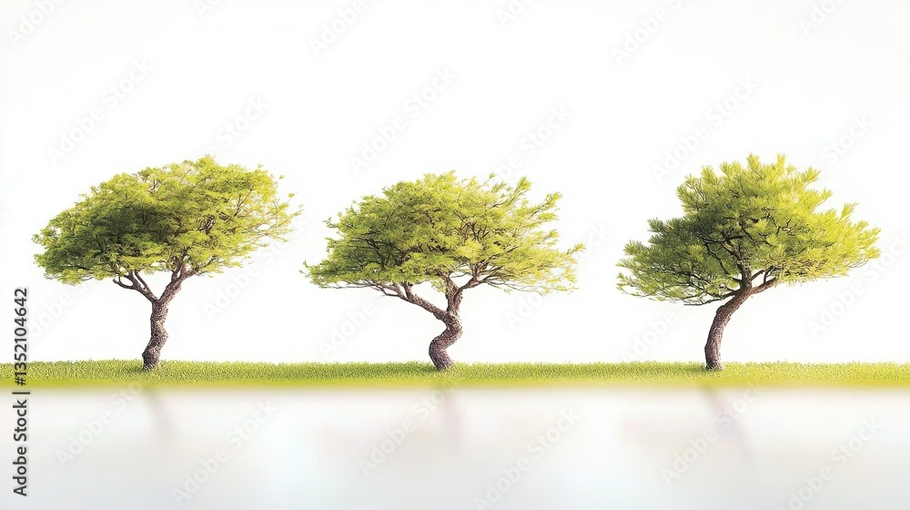 Fototapeta premium Three lush green trees stand on grassy ground, reflected in a hazy water