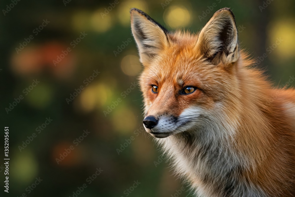 Fototapeta premium Red fox portrait in misty forest, close-up wild animal gaze. Nature in soft light