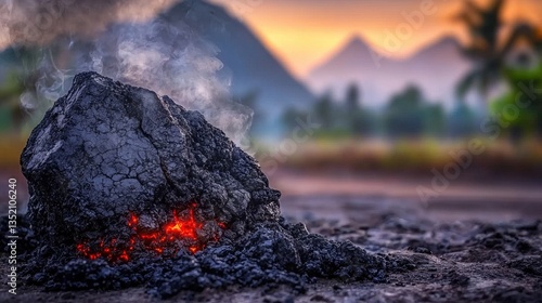 Smoldering rock emits smoke at sunrise, rural landscape backdrop