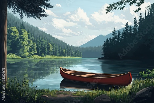 Scenic lake with canoe in foreground mountains and forest backdrop on a sunny day