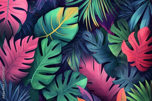Vibrant tropical foliage featuring colorful monstera leaves in pink green and blue tones
