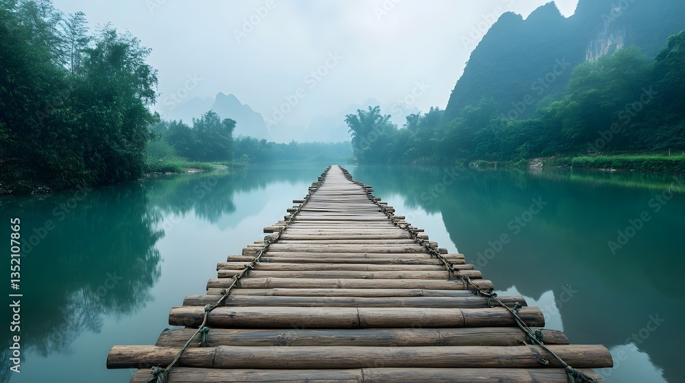 Naklejka premium A traditional wooden bridge stretching across a tranquil river in China