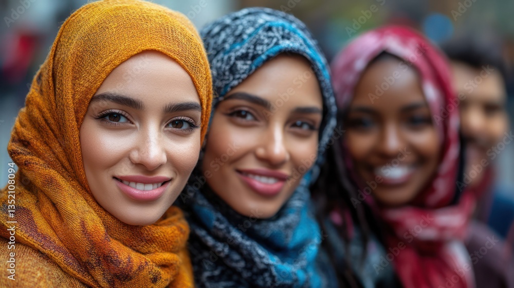 Diverse women in hijabs, smiling, city background, portrait, social harmony Diverse women in hijabs, smiling, city background, portrait, social harmony