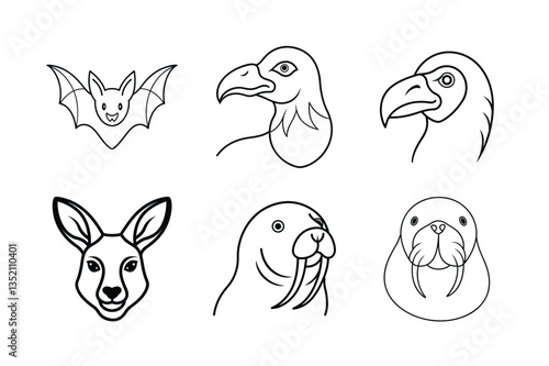 many kinds of animal head line and fill art vector silhouette illustration