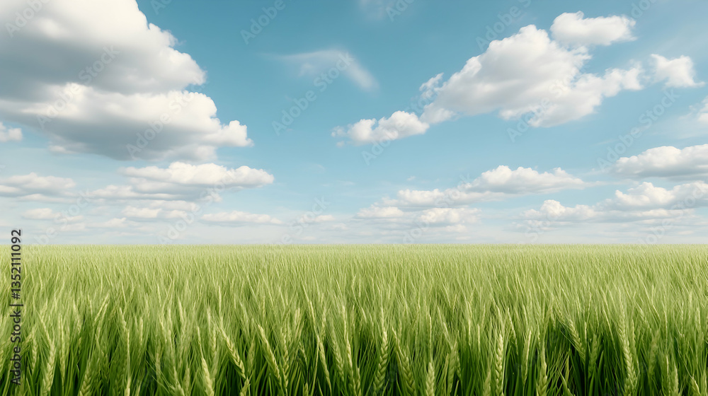 Lush green wheat field under a bright summer sky; idyllic rural landscape perfect for agriculture or nature themes Lush green wheat field under a bright summer sky; idyllic rural landscape perfect for agriculture or nature themes