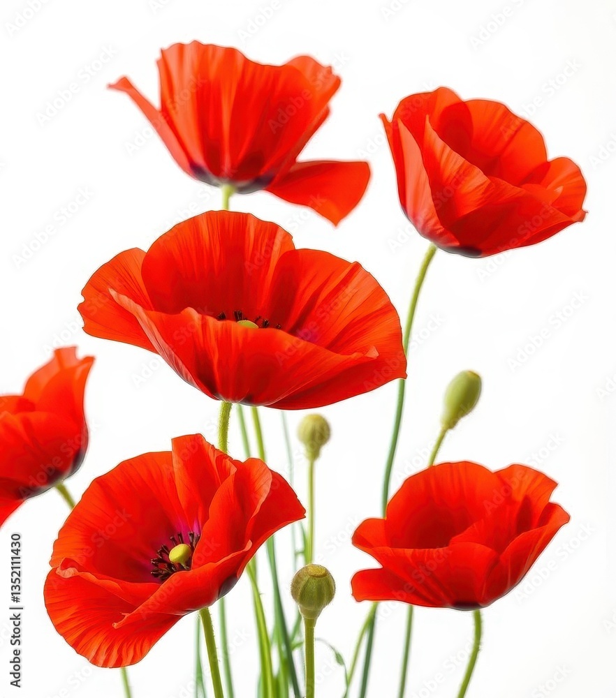 Naklejka premium Vibrant red poppies, petals unfurled, against pure white backdrop, bright, poppy, stem
