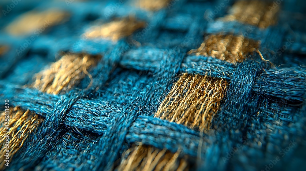 Close-up of textured blue and gold woven fabric.