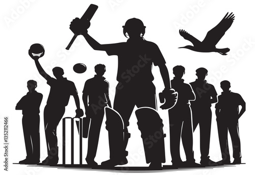 Group of cricket players male player betting and bowling silhouettes vector illustration, Cricket Batsman Logo, Cricket Player Silhouette