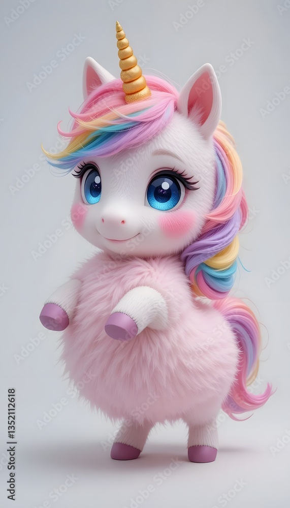 Naklejka premium Adorable Rainbow Mane Fluffy Unicorn 3D Render Cute Fantasy Creature