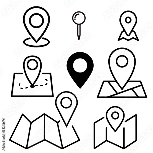 Flat icon set of location and map pins Black and white vector