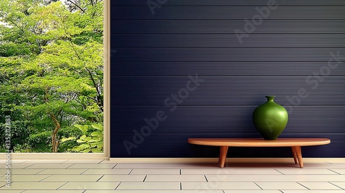 Serene room with green vase, wooden bench, and leafy view