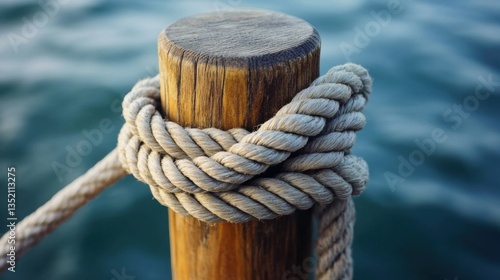 Wooden post with nautical rope knot by water