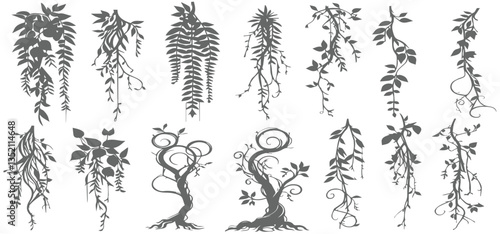 Vector set of floral plant illustrations with tribal and vintage style elements, silhouette Hanging Plants