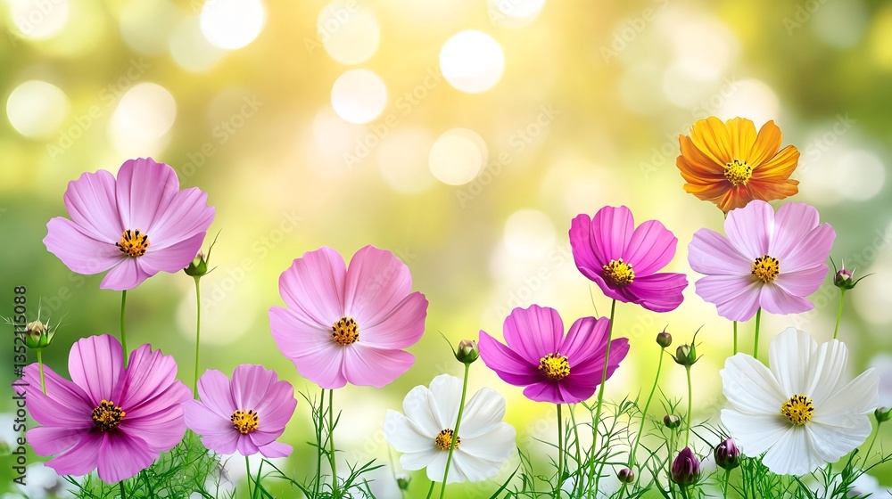 Vibrant Flowers in a Meadow with Sunbeams and Soft Bokeh Lights Vibrant Flowers in a Meadow with Sunbeams and Soft Bokeh Lights