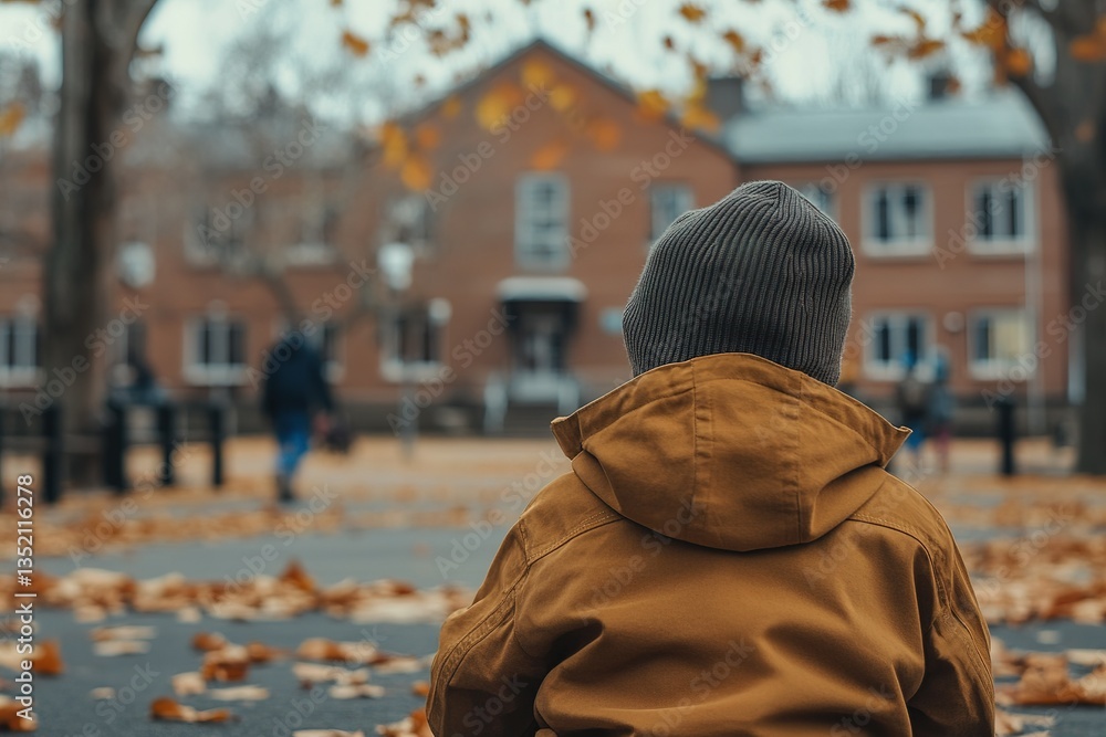 Child gazes at school building on an autumn day lost in thoughts or anticipation Child gazes at school building on an autumn day lost in thoughts or anticipation