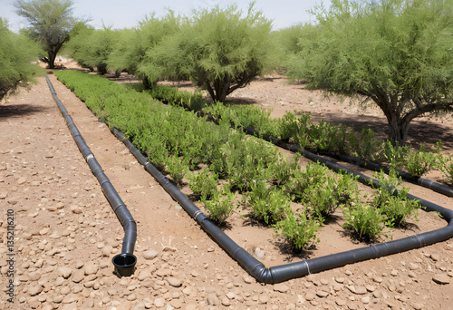 A barren patch of land gradually turning green as a drip irrigation system delivers water directly to the roots of dry shrubs and plants.