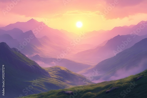 Mountainous vista painted in hues of pink purple and green at sunset or sunrise