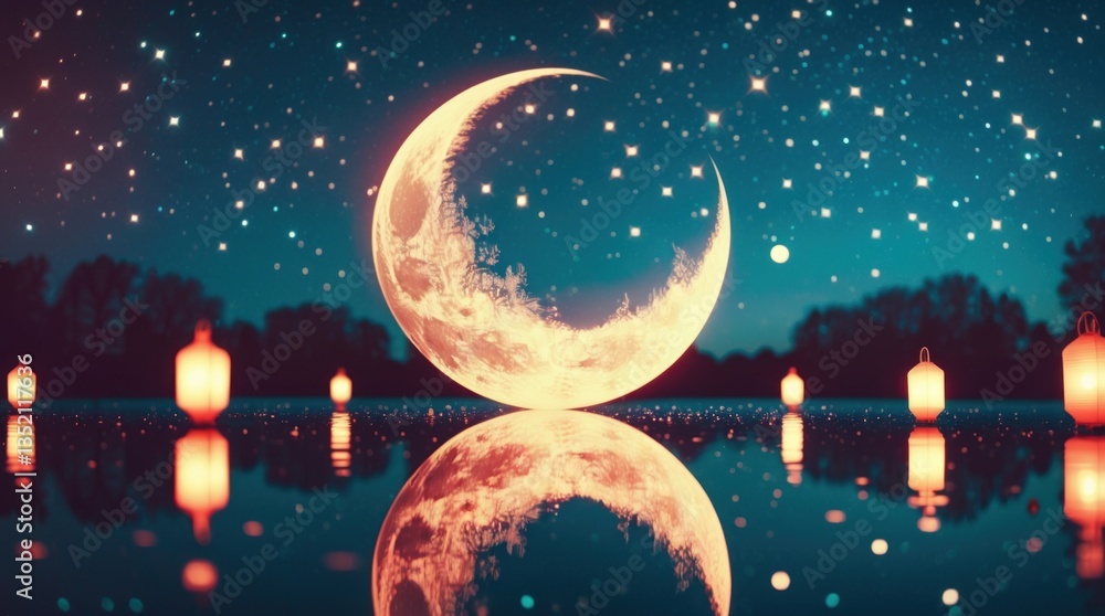 Naklejka premium Crescent Moon Night Water Reflection Peaceful Scene