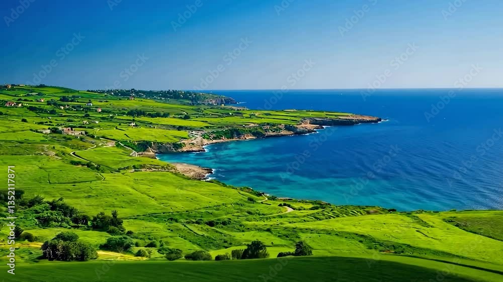 Stunning coastal view featuring lush green fields sloping toward a clear blue sea, under a vibrant sky full of peaceful energy.