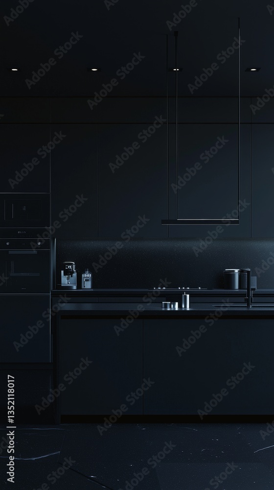 Obraz premium Modern dark kitchen with sleek design elements.