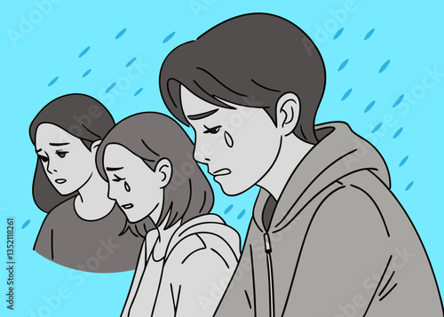 悲しむ若者。悲しい出来事。カラー。線画イラスト。ベクター