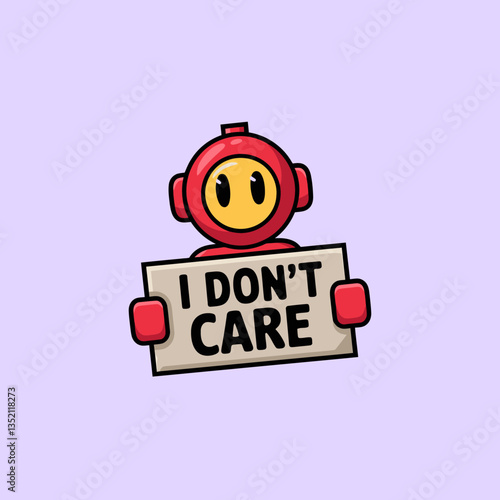 Whimsical robot asserting indifference with a sign, set against a pastel backdrop conveying cartoonish apathy and robotic nonchalance