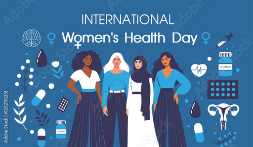  International Women's Health Day. Beautiful different women on background with medical elements. Uterus, brain, pills. Awareness and call to action. Vector illustration for healthcare projects
