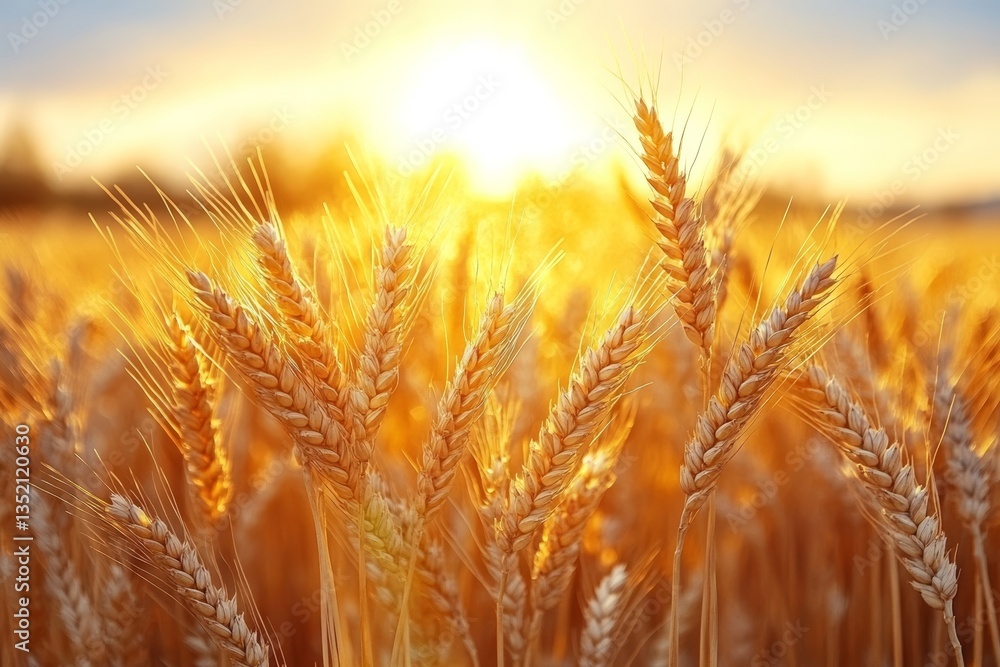 Golden wheat field illuminated by warm sunset glow. Concept of golden wheat field captures beauty, farming, serenity in nature's light. Golden wheat field illuminated by warm sunset glow. Concept of golden wheat field captures beauty, farming, serenity in nature's light.