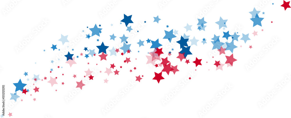 Blue and red stars confetti decoration. Horizontal flying path. Patriotic design element. Special effect on transparent background. Blue and red stars confetti decoration. Horizontal flying path. Patriotic design element. Special effect on transparent background.