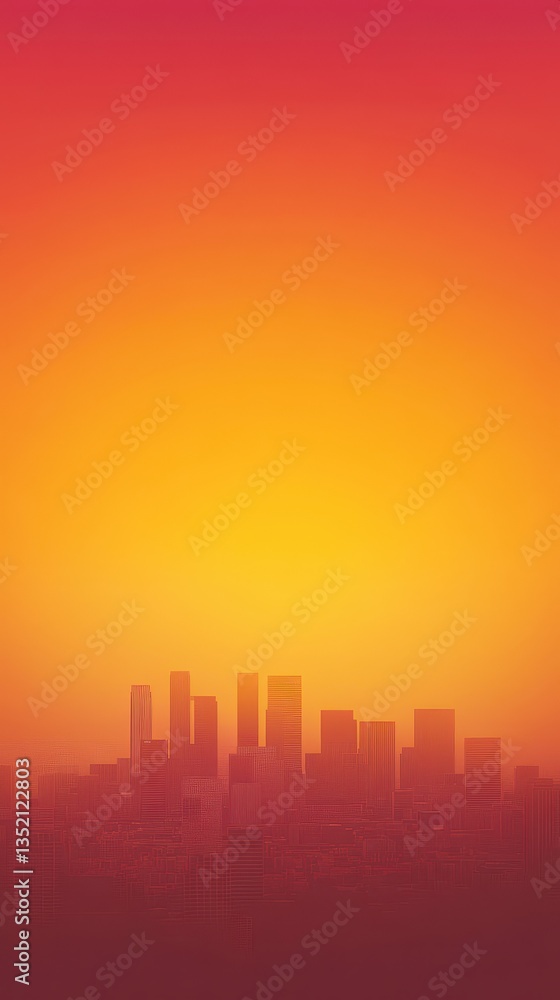 A hazy orange sunset illuminates a sprawling cityscape skyline A hazy orange sunset illuminates a sprawling cityscape skyline