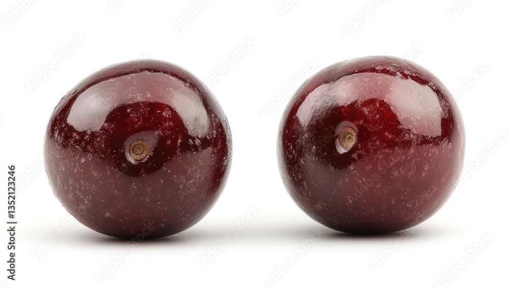 Obraz premium Two vibrant, round plums, isolated on white. Close-up view highlighting their deep red color and glossy texture