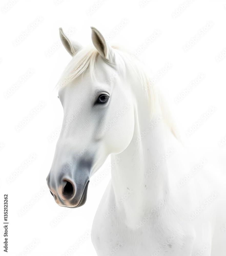 Fototapeta premium Majestic snowy white Arabian stallion, pristine white background, winter wonderland, farm, equine
