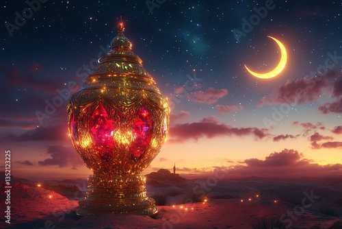 Glowing lantern shines brightly under a crescent moon illuminating the desert sky