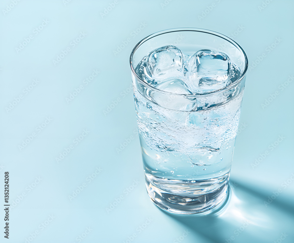 Glass of clean mineral sparkling water with ice on a light blue background Glass of clean mineral sparkling water with ice on a light blue background