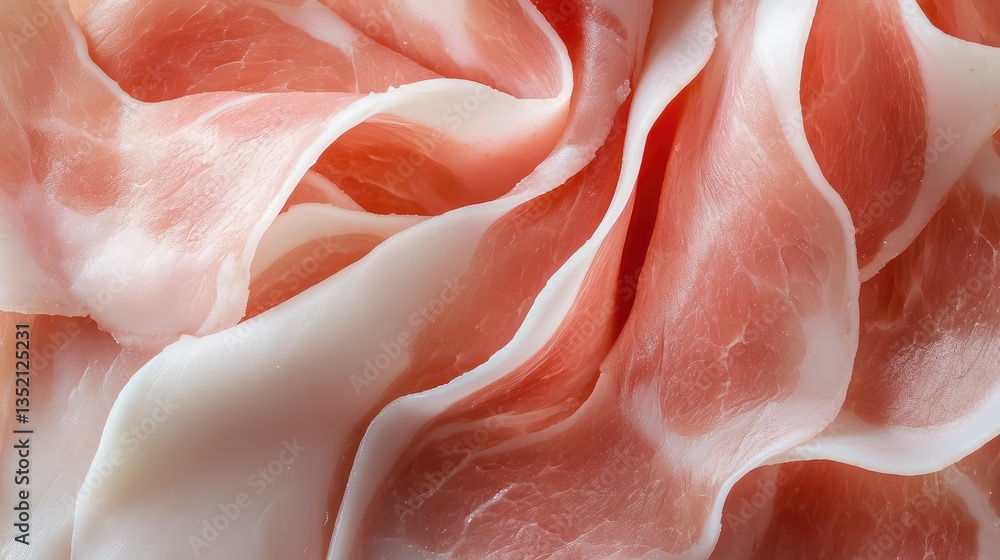 Delicate Layers of Thinly Sliced Meat Displaying Rich Color Contrasts and Texture Ideal for Culinary Art, Food Styling, and Gourmet Dishes Photography Delicate Layers of Thinly Sliced Meat Displaying Rich Color Contrasts and Texture Ideal for Culinary Art, Food Styling, and Gourmet Dishes Photography