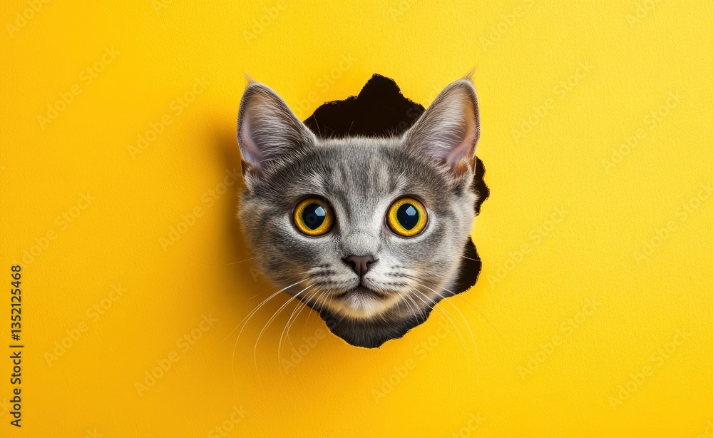 Gray Tabby Cat Peeking Through Hole in Bright Yellow Background Gray Tabby Cat Peeking Through Hole in Bright Yellow Background