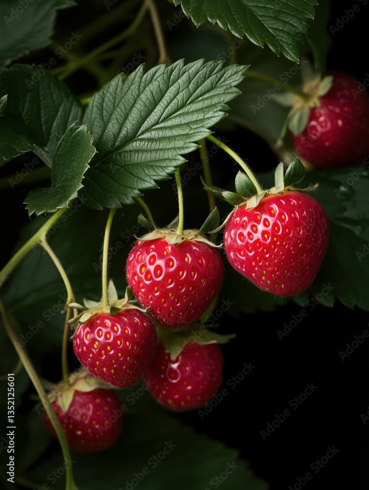 Ripe red strawberries hanging from a branch, with water droplets on the leaves and fruit. Close-up. Realistic botanical photo Ripe red strawberries hanging from a branch, with water droplets on the leaves and fruit. Close-up. Realistic botanical photo