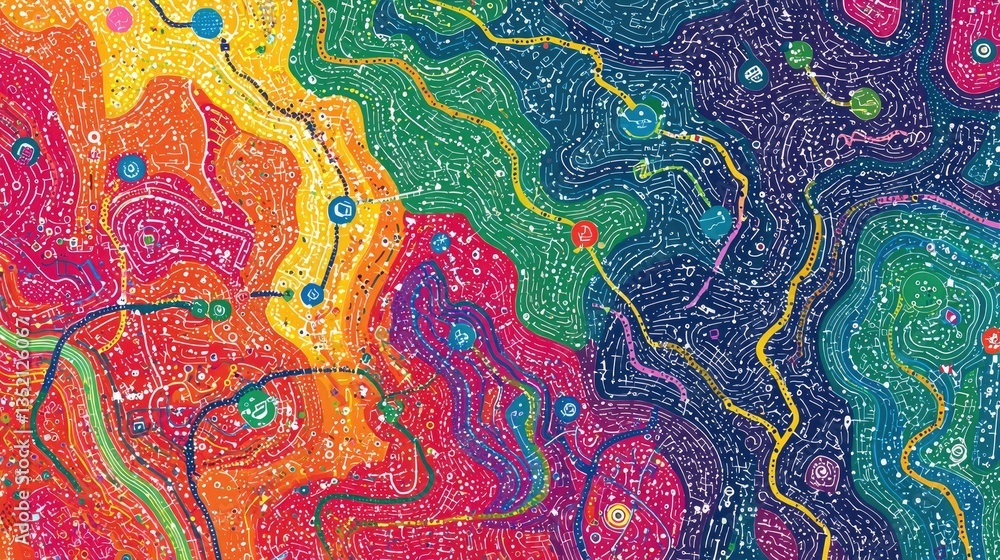 Obraz premium Abstract colorful topographic map design with swirling lines and dots.