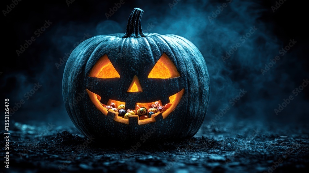 Naklejka premium Spooky Halloween Jack-o'-lantern with Treats in Dark Setting