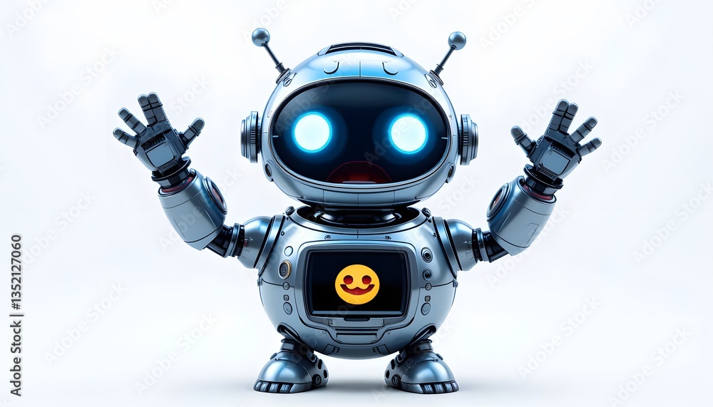 Friendly Metal Robot with Welcoming Gesture, 3D Render of a Cute AI Bot Displaying a Happy Emoticon Friendly Metal Robot with Welcoming Gesture, 3D Render of a Cute AI Bot Displaying a Happy Emoticon